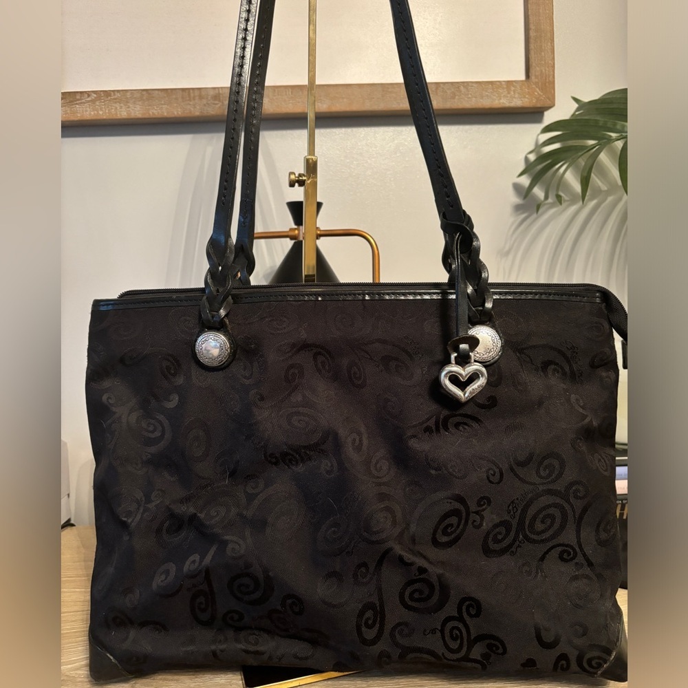 Brighton Black Canvas Leather Trim Tote Bag w/ Charm